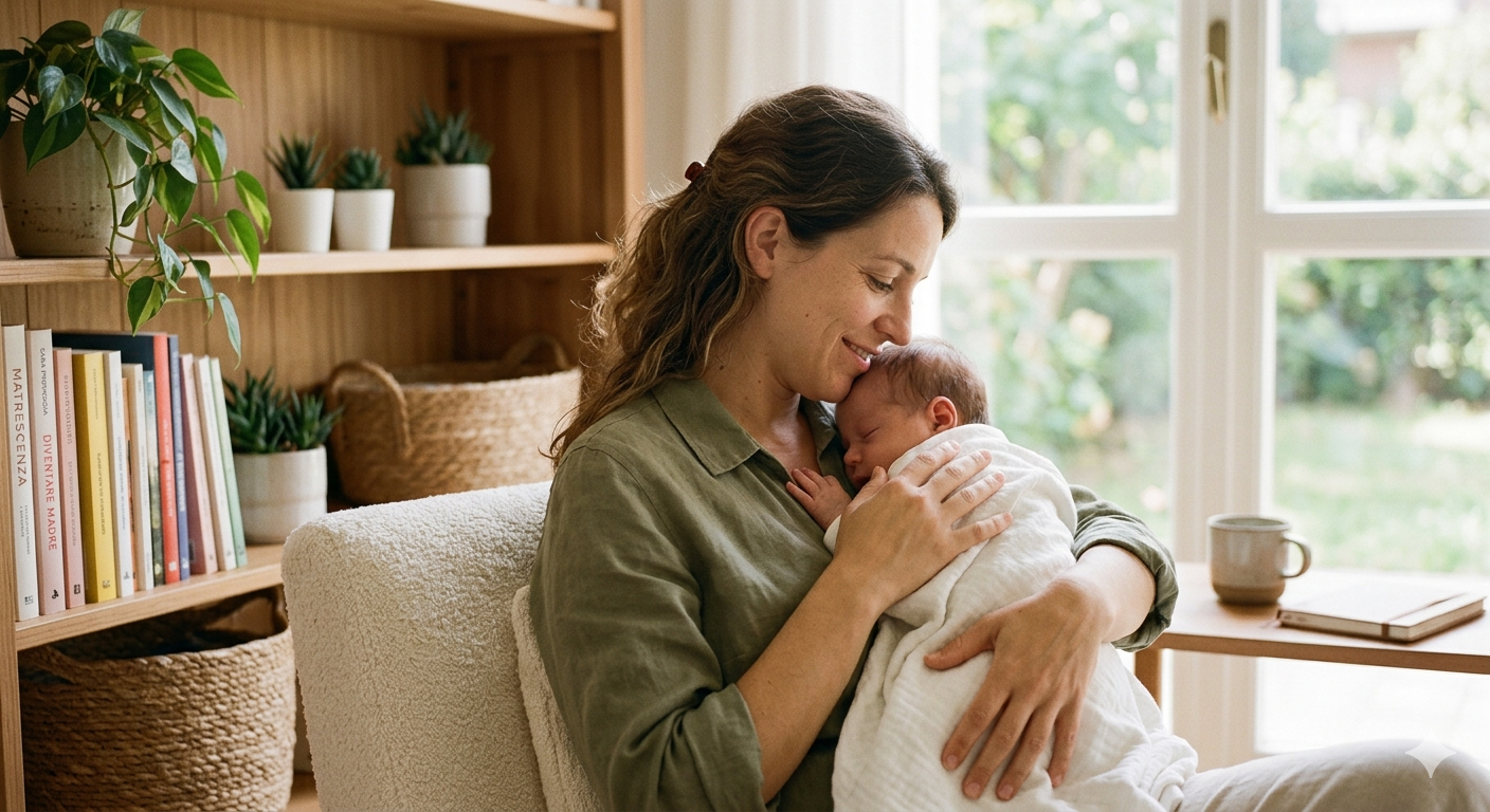 Una neo mamma sorride dolcemente mentre tiene in braccio il suo neonato avvolto in una copertina bianca, seduta in un soggiorno luminoso con piante e libri sullo sfondo.
